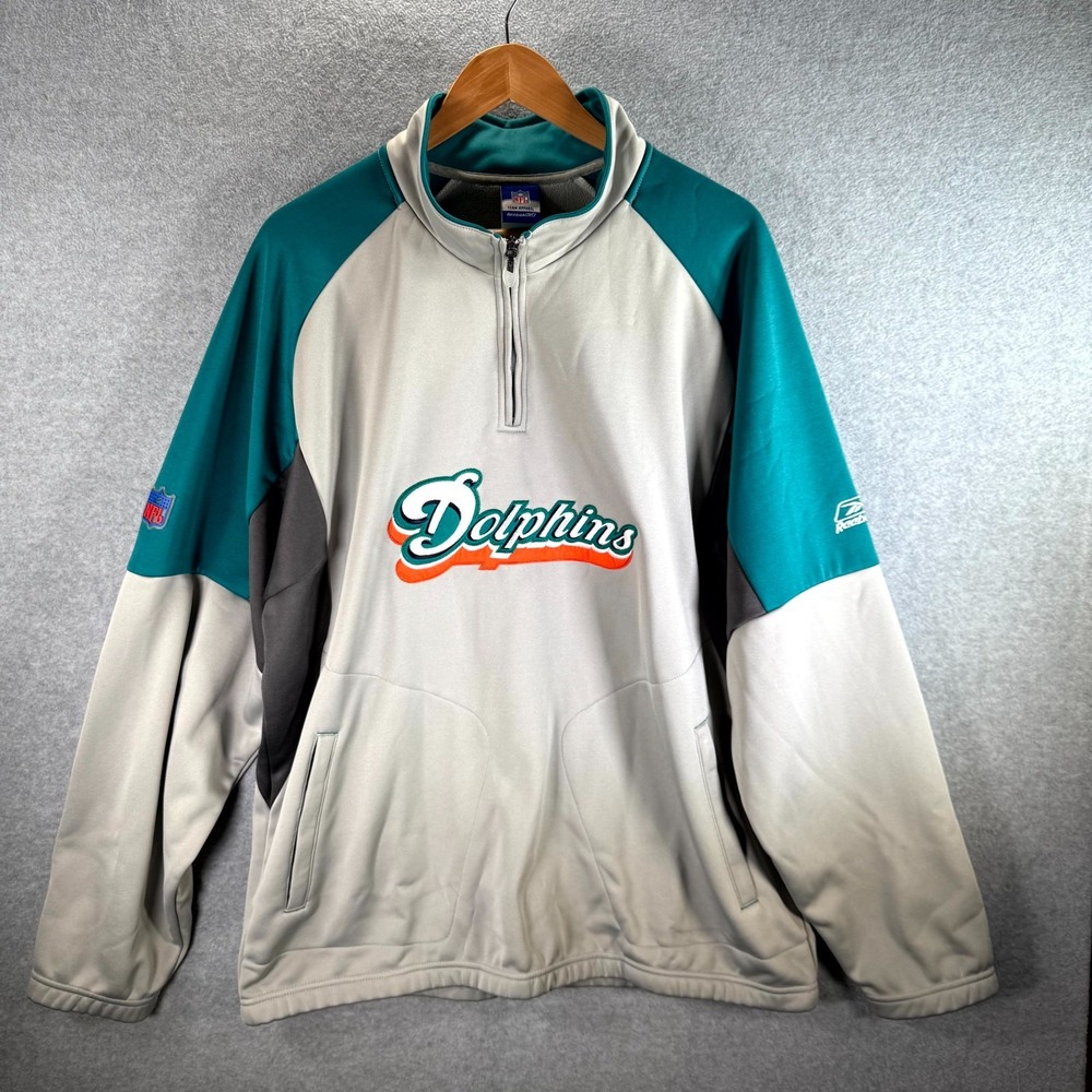 Reebok NFL Miami Dolphins Jacket Mens XL Gray Teal Fleece Lined 1/4 Zip Pullover